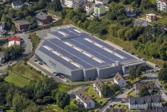 Aerial view, commercial area bilstein group Engineering with solar roof in the district Voerde in
