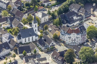 Aerial view, town centre with the protestant Johanneskirche in the district Voerde in Ennepetal,