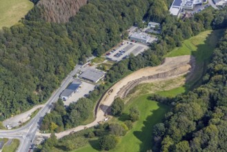 Aerial view, construction site with construction road at Hagener Straße at Febi car park in the
