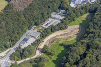 Aerial view, construction site with construction road at Hagener Straße at Febi car park in the