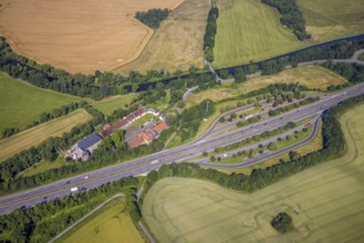 Aerial view, Haus Füchten, motorway A445 with parking Haus Füchten and parking Ruhr Valley,