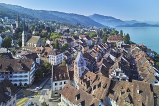 Old town with the Zytturm tower, Lake Zug and the Rigi in the background, Zug, Canton Zug,