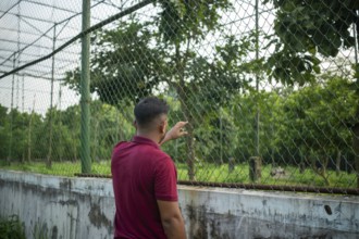 A man stands by a chain-link fence surrounded by lush greenery, appearing contemplative-Dhaka,