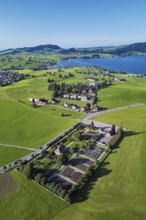 Cemetery from above, Lake Sihl in the background, Einsiedeln, Canton Schwyz, Switzerland