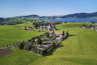 Cemetery from above, Lake Sihl in the background, Einsiedeln, Canton Schwyz, Switzerland