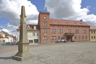 Electoral Saxon post pillar and town hall built in 1846, Electoral Saxon, distance pillar, market,