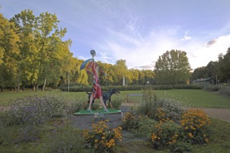 Sculpture Lady with Doberman by Carolin Okon 2017, modern art, colourful elegant female figure