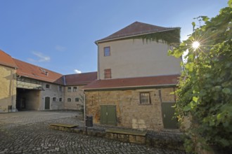 Inner courtyard of the castle built in the 16th century with vines and backlight, Castle, Apolda,