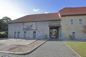 Castle built 16th century with banner for the celebration and anniversary of the bell, city