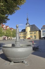 Market square with market fountain and town hall, Renaissance, Market, Apolda, Thuringia, Germany
