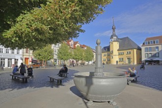 Market square with market fountain and town hall, Renaissance, people sitting on a bench, market,