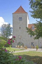 Inner courtyard with tower and building, castle, Wanzleben, Romanesque Road, Saxony-Anhalt, Germany