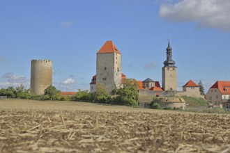 Castle built 10th century with Dicker Heinrich, Marterturm and Pariser Turm, towers, field, stubble