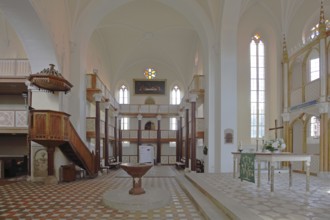 Chancel, baptismal font, pulpit with pulpit bonnet, gallery, interior view of the neo-Gothic St