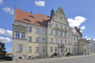 Local court, historic building with tail gable and spire, courthouse, Schönebeck, Saxony-Anhalt,