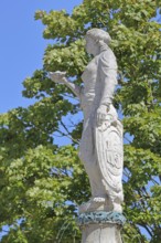 Female figure with coat of arms at the market fountain, sculpture, detail, market square,