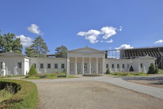 Classicist lime tree bath with columns, graduation tower, brine park, spa gardens, Bad Salzelmen,