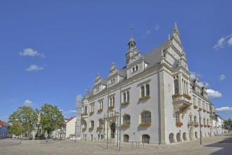 Historic town hall and market fountain, market square, Schönebeck, Saxony-Anhalt, Germany