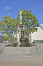 Market fountain with allegorical sculptures on the town's history, market square, Schönebeck,