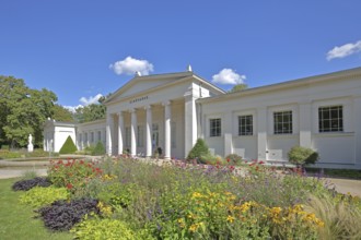 Classicist lime tree bath with columns and flower bed, Solepark, spa garden, Bad Salzelmen,