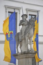 Roland statue with town flags, sculpture, equestrian figure, equestrian statue, market square, town