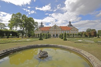 Baroque castle and fountain with baroque garden, water basin, park, Hundisburg, Haldensleben,