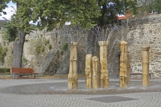 Fountain and historic town wall, water features, Hagentor Haldensleben, Saxony-Anhalt, Germany
