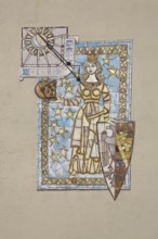 Town coat of arms with sundial, wall mosaic, female figure with shield and crown, detail, town