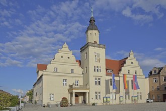 Renaissance town hall with EU flag, German national flag and town flag, three, flags, Coswig,