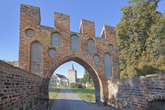 Historic Heath Gate with town wall and building with stepped gable, town fortification, town gate,