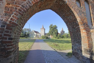 Historic Heath Gate with town wall and building with stepped gable, town fortification, town gate,