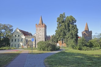 Historic Heath Gate with town wall and building with stepped gable, town fortification, town gate,