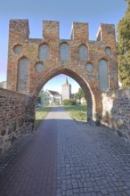 Historic Heath Gate with town wall and building with stepped gable, town fortification, town gate,