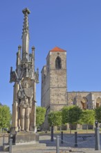 Roland and church ruins of St Nikolai, statue with sword, market square, Zerbst, Fläming,