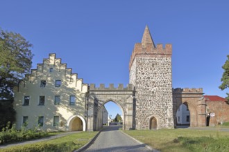Historic Heath Gate with town wall and building with stepped gable, town fortification, town gate,