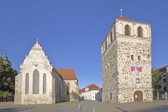 Late Romanesque St Bartholomew's Church and Thick Tower, historic town tower, Zerbst, Fläming,
