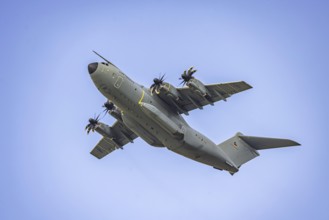 Military aircraft of the German Air Force. Airbus A400M climbing flight after take-off. Stuttgart,