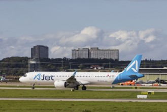 Aircraft at Stuttgart Airport. Aircraft registration number: TC-LUJ, AJet, Airbus A321neo.