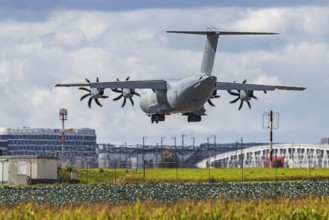 Military aircraft of the German Air Force. Airbus A400M approaching Stuttgart Airport. Stuttgart,