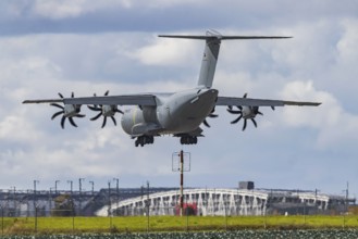 Military aircraft of the German Air Force. Airbus A400M approaching Stuttgart Airport. Stuttgart,