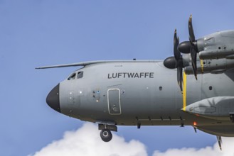 Military aircraft of the German Air Force. Airbus A400M approaching Stuttgart Airport. Stuttgart,