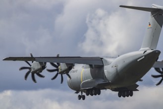 Military aircraft of the German Air Force. Airbus A400M approaching Stuttgart Airport. Stuttgart,