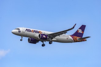 Aircraft approaching Stuttgart Airport. Aircraft registration: SU-BUR, Air Cairo, Airbus A320neo.