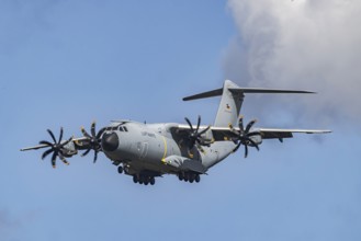 Military aircraft of the German Air Force. Airbus A400M approaching Stuttgart Airport. Stuttgart,