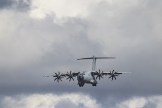 Military aircraft of the German Air Force. Airbus A400M approaching Stuttgart Airport. Stuttgart,