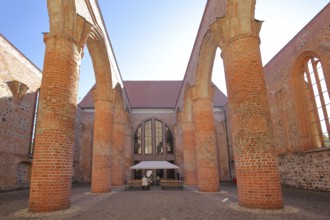 Interior view of St Bartholomew's Church ruins, columns, open, brick church, Zerbst, Fläming,