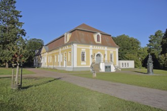 Baroque town hall and monument to Russian Tsarina and Empress Catherine the Great, castle garden,