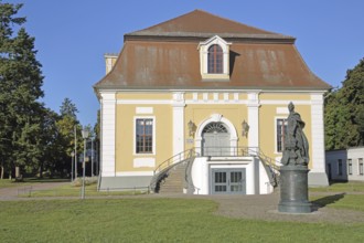 Baroque town hall and monument to Russian Tsarina and Empress Catherine the Great, castle garden,