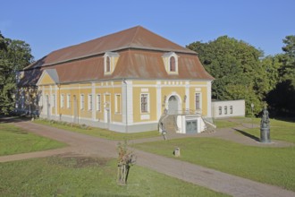 Baroque town hall and monument to Russian Tsarina and Empress Catherine the Great, castle garden,