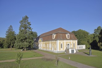 Baroque town hall and monument to Russian Tsarina and Empress Catherine the Great, castle garden,